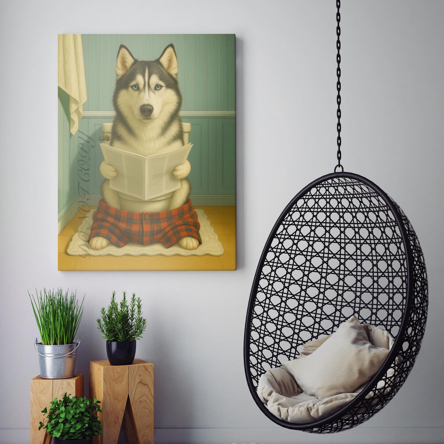 Husky Dog Reading The Newspaper On The Toilet