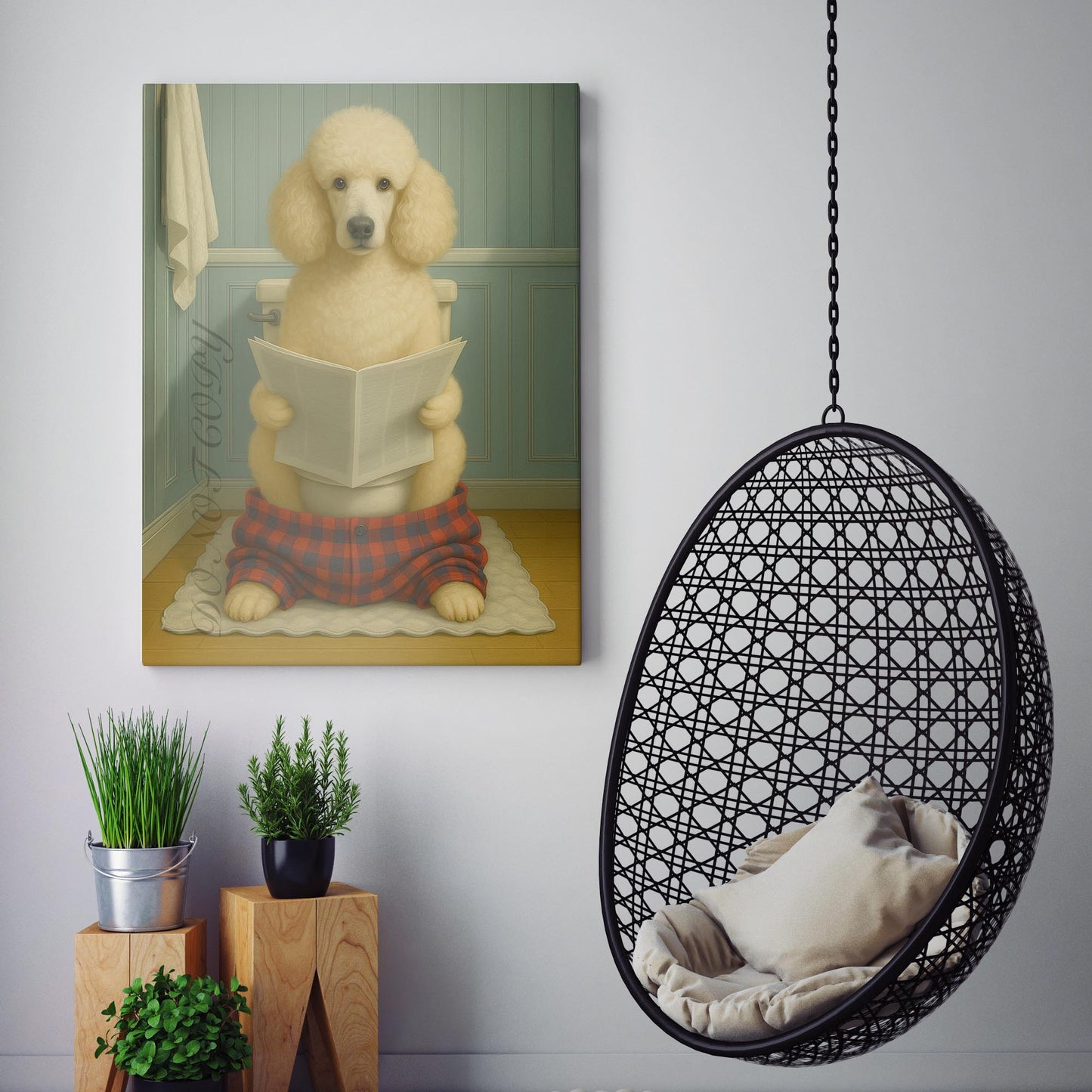 Poodle Dog Reading The Newspaper On The Toilet