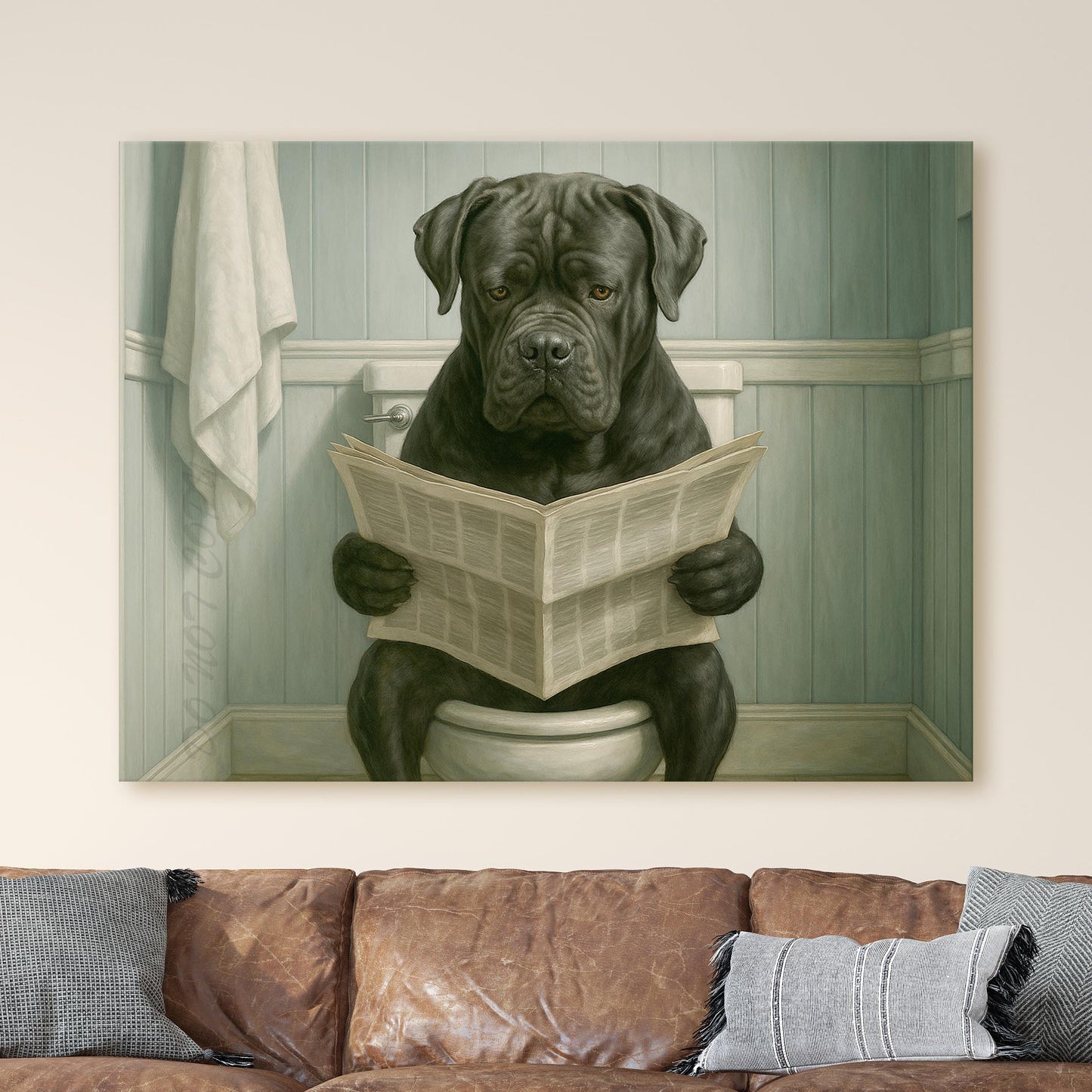 Cane Corso Dog Reading The Newspaper On The Toilet