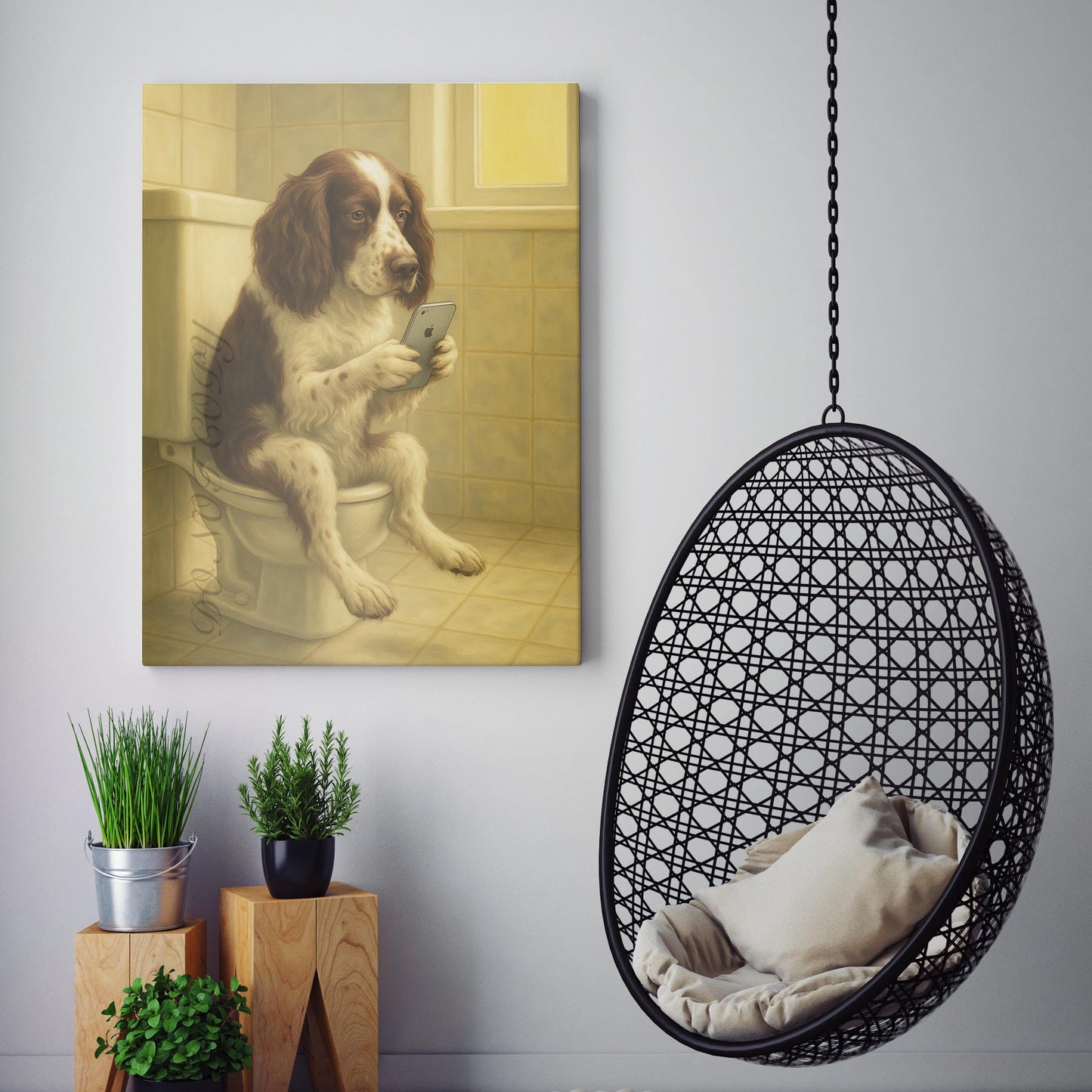 English Springer Spaniel Dog On The Phone On The Toilet