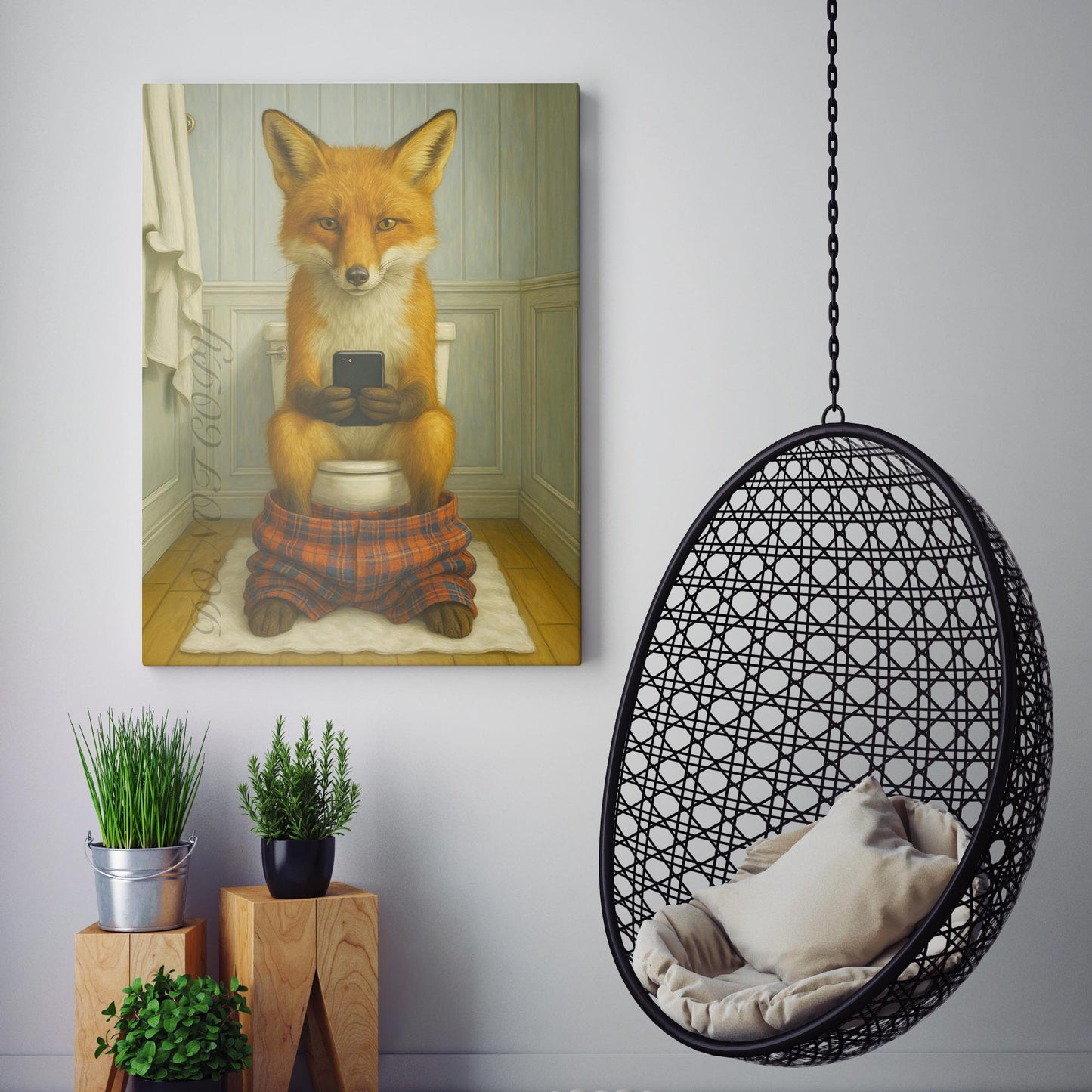 Red Fox On The Phone On The Toilet