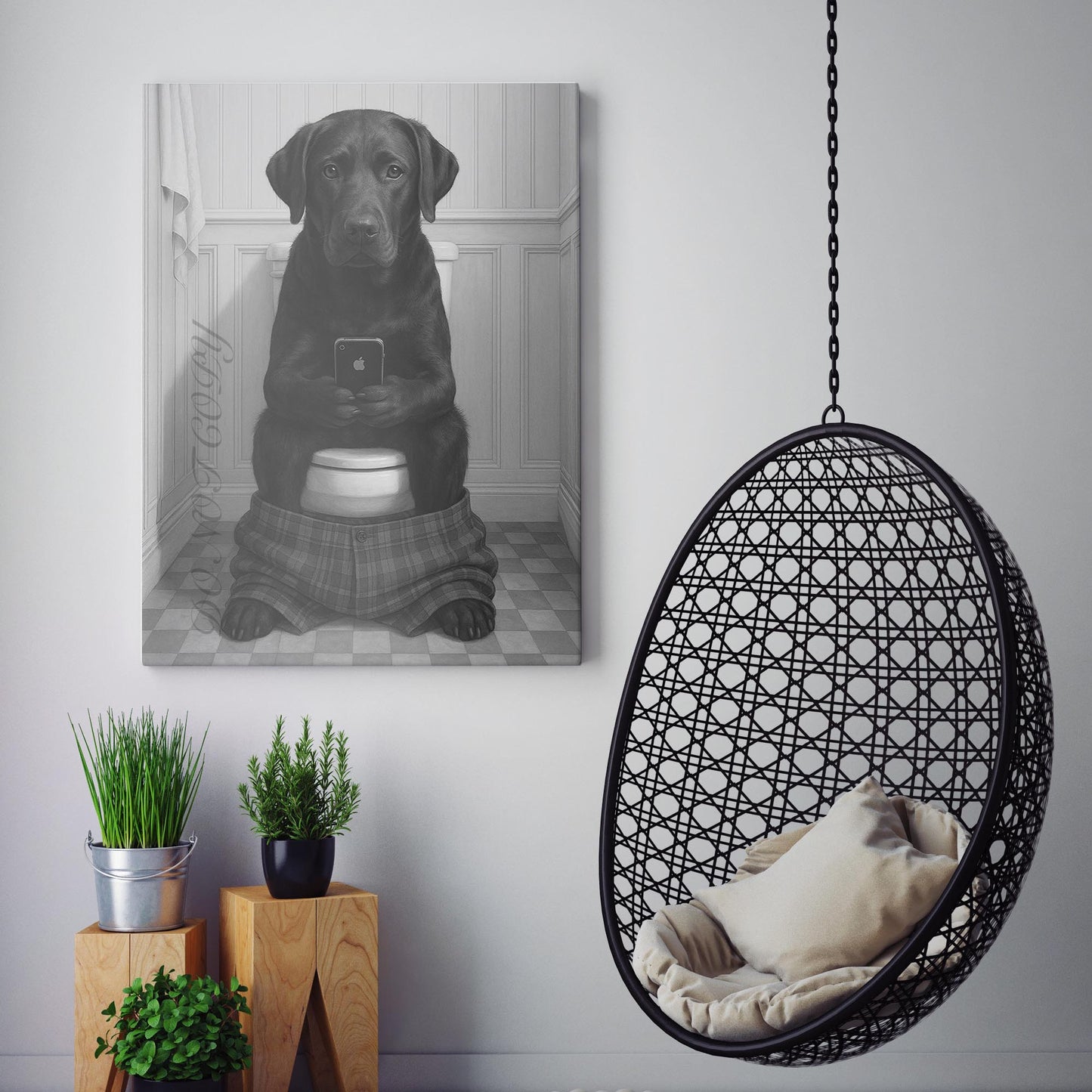 Black Labrador Retriever Dog On The Phone On The Toilet