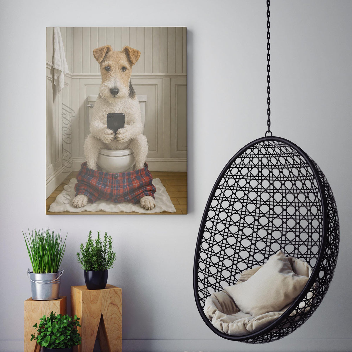 Wire Fox Terrier Dog On The Phone On The Toilet