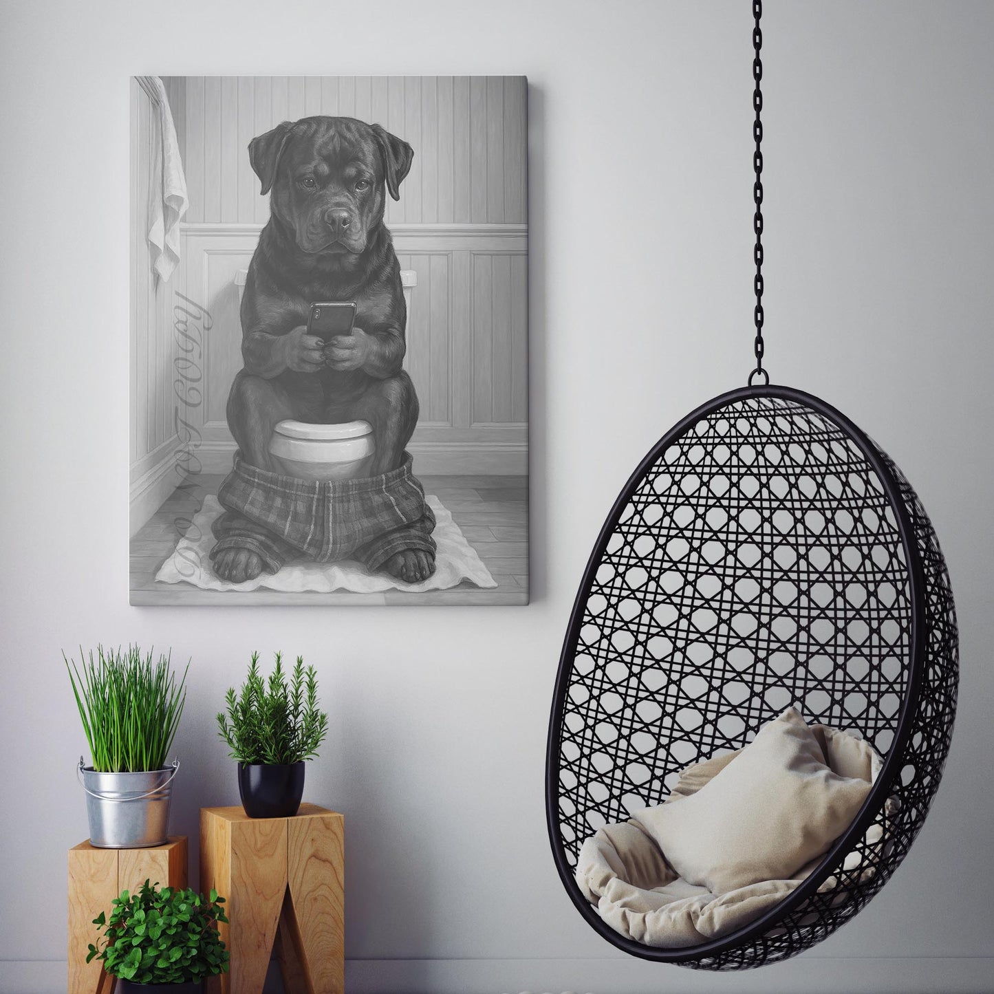 Rottweiler Dog On The Phone On The Toilet