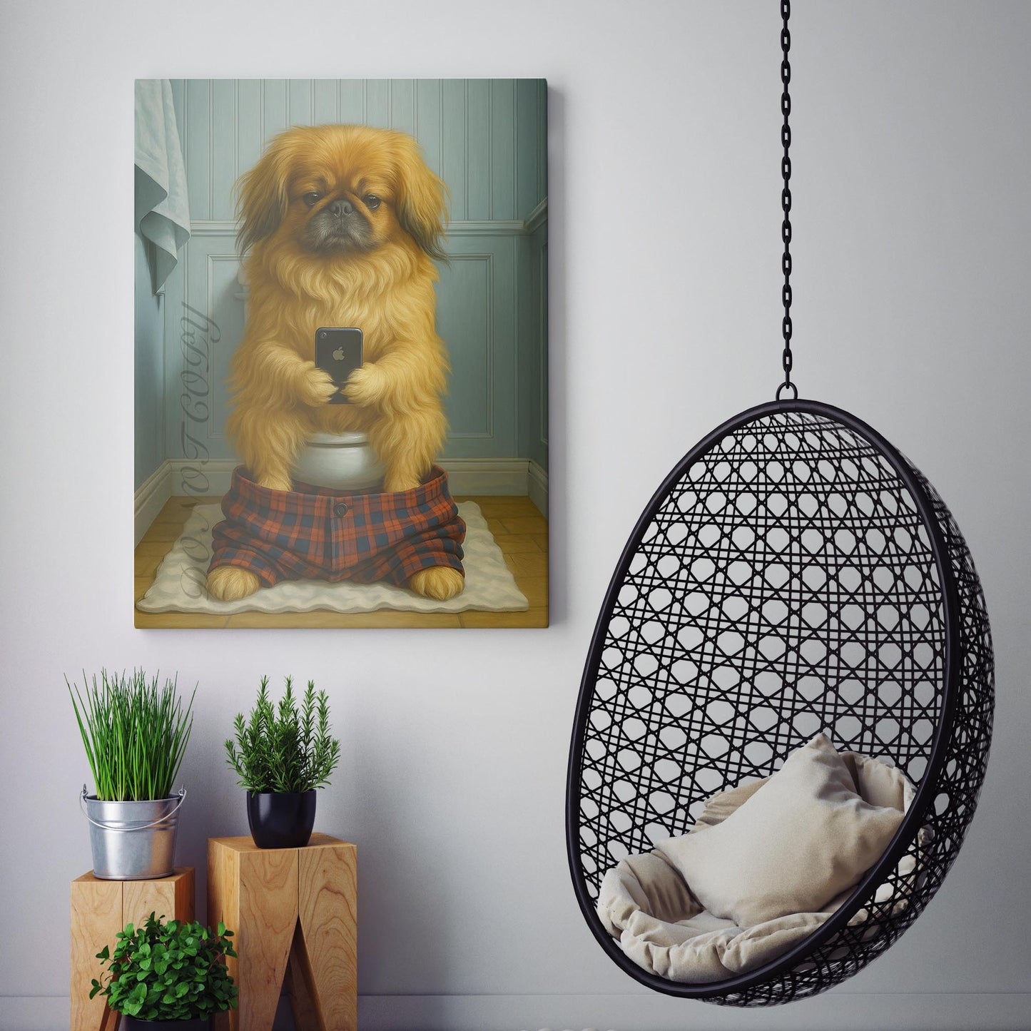 Pekingese Dog On The Phone On The Toilet
