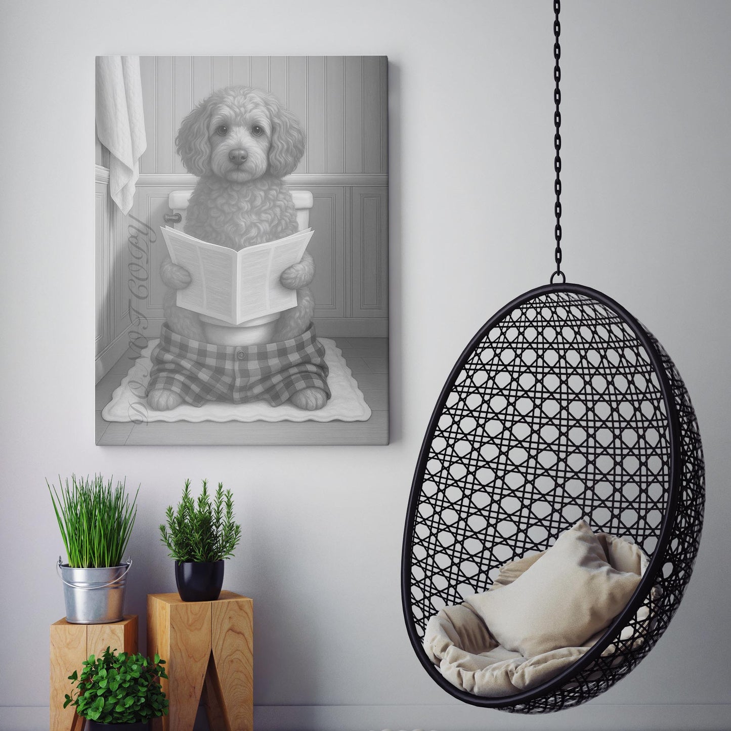 Cockapoo Dog Reading The Newspaper On The Toilet