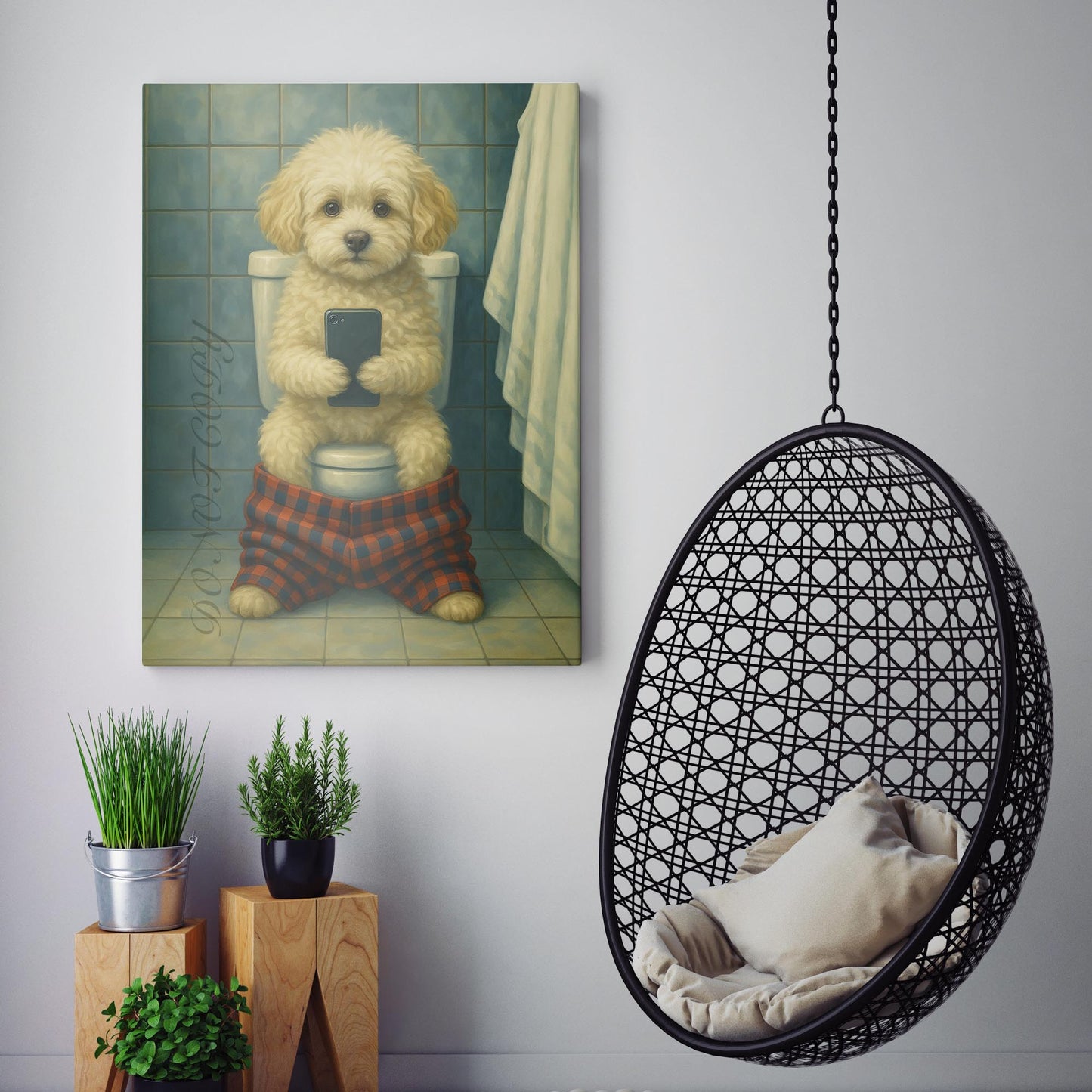 Maltipoo Dog On The Phone On The Toilet