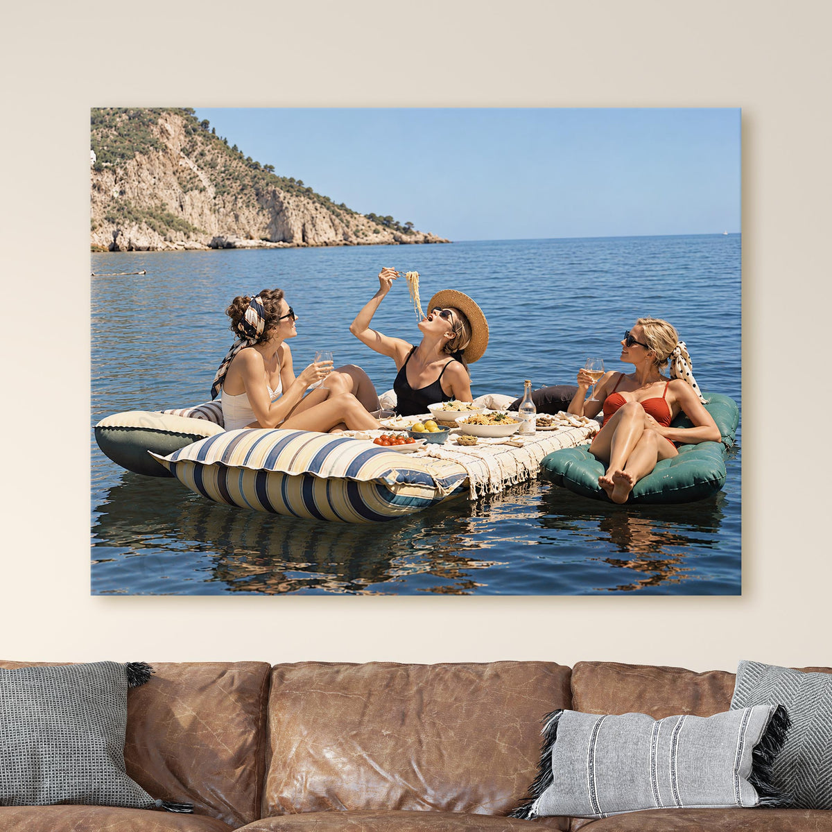 Floating Luncheon, Three Young Women Eat Spaghetti on Inflatable Mattresses