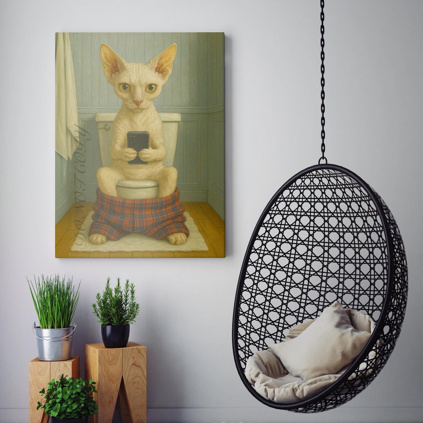 Devon Rex Cat On The Phone On The Toilet