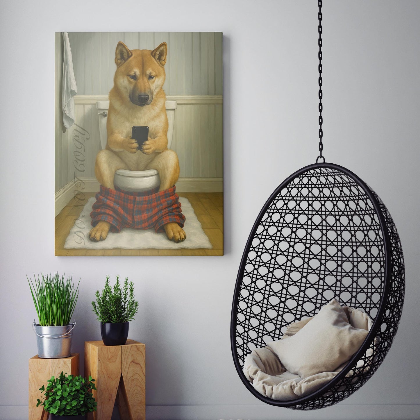 Akita Dog On The Phone On The Toilet