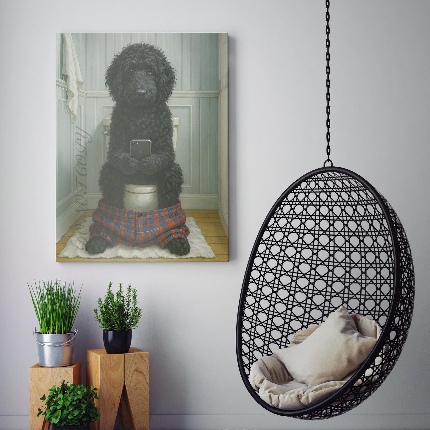 Black Golden Doodle Dog On The Phone On The Toilet