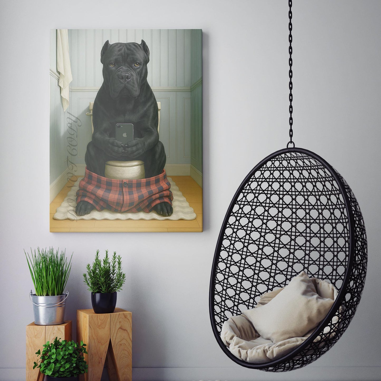 Cane Corso Dog On The Phone On The Toilet