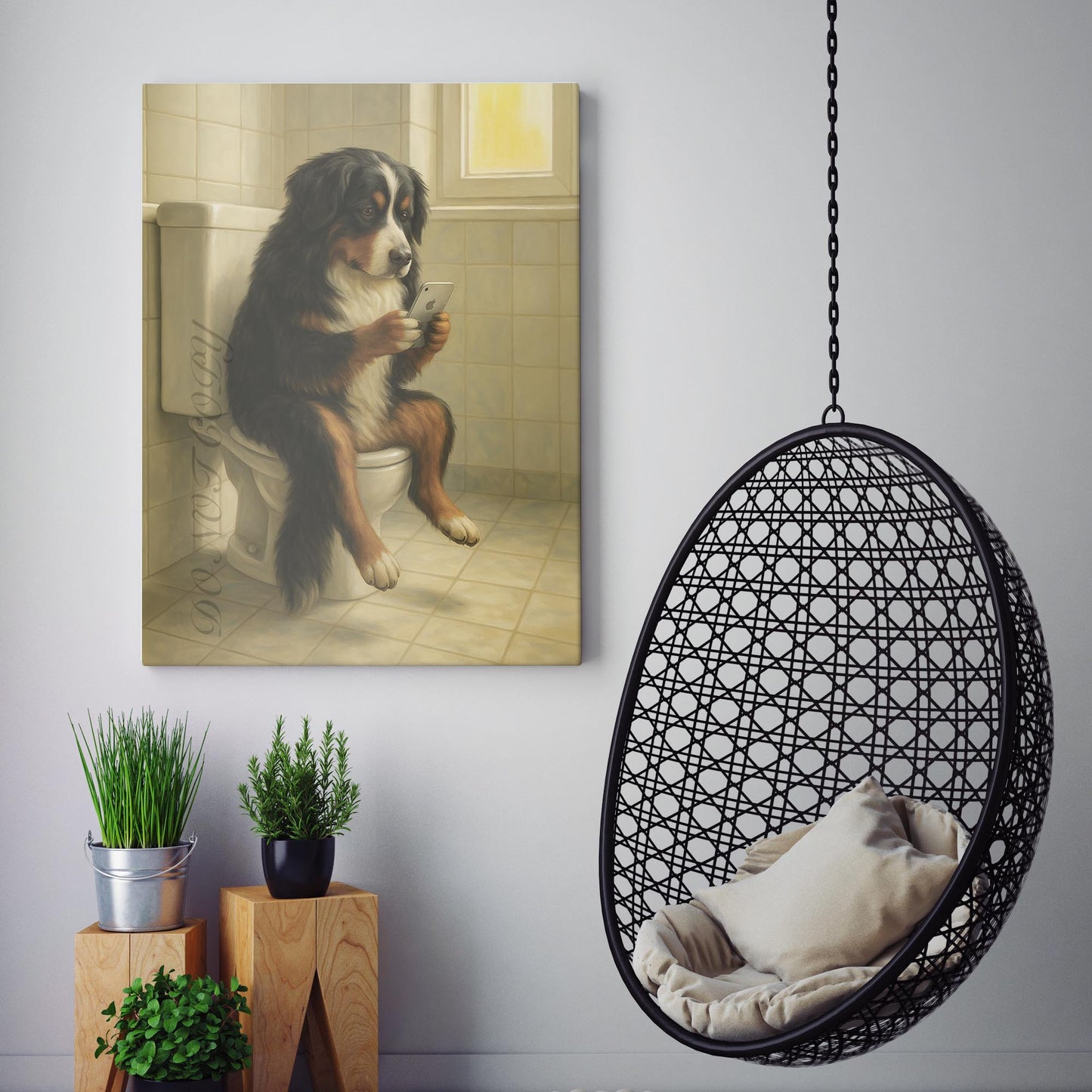 Bernese Mountain Dog On The Phone On The Toilet