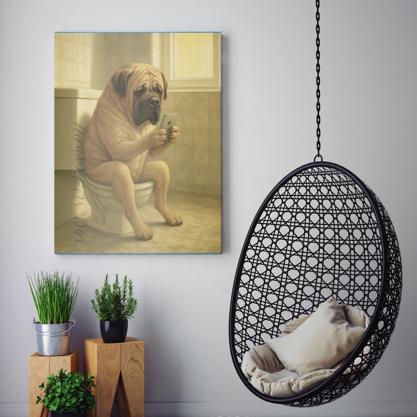 Mastiff Dog On The Phone On The Toilet