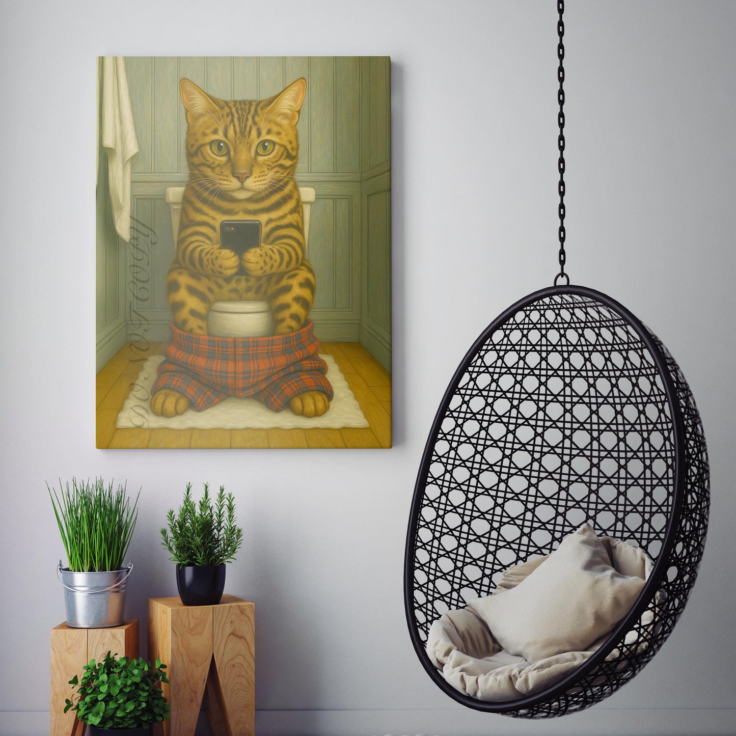Bengal Cat On The Phone On The Toilet