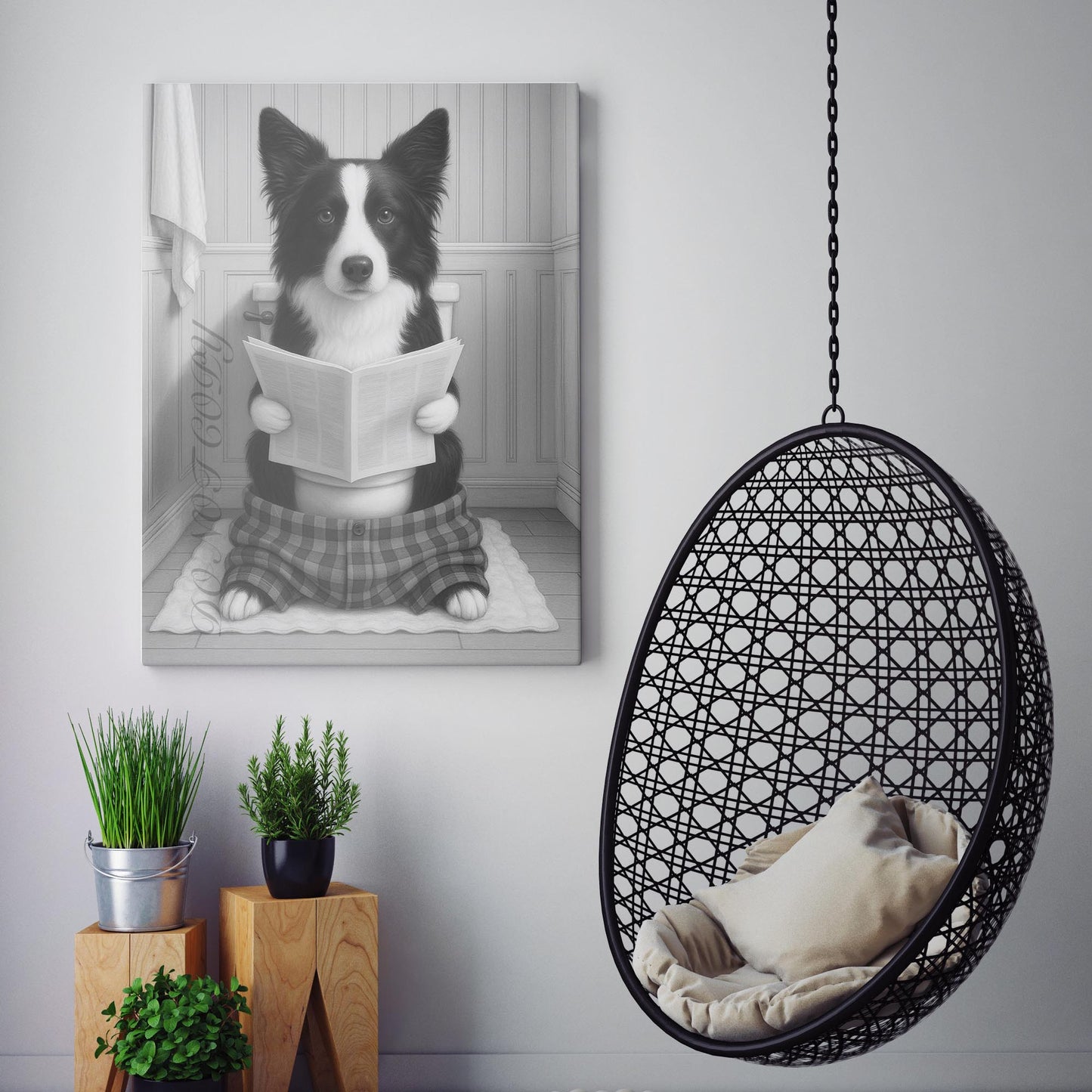 Border Collie Dog Reading The Newspaper On The Toilet