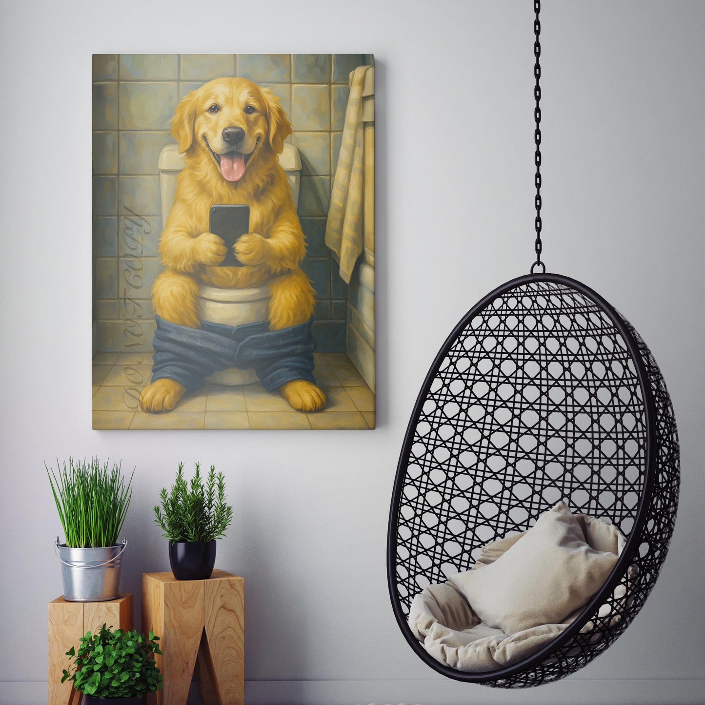 Golden Retriever On The Toilet On The Phone