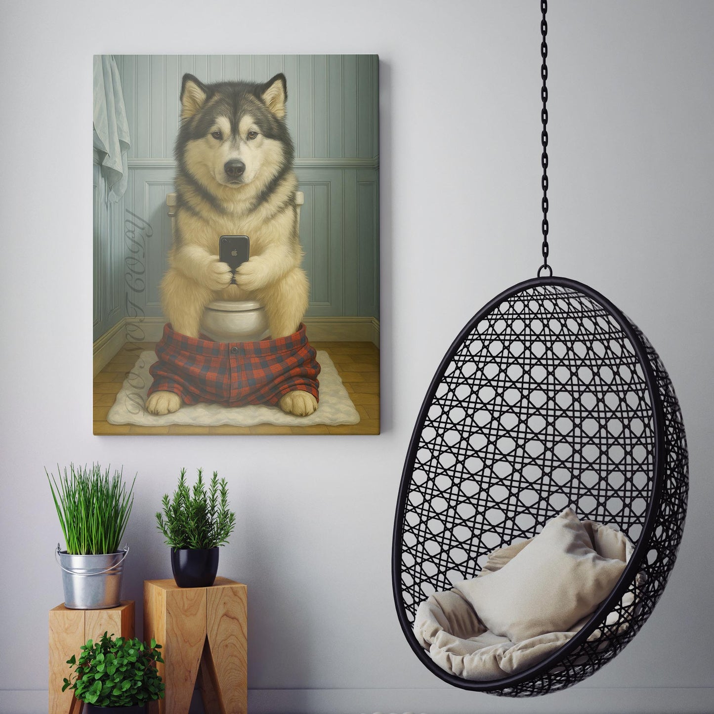 Alaskan Malamute Dog On The Phone On The Toilet