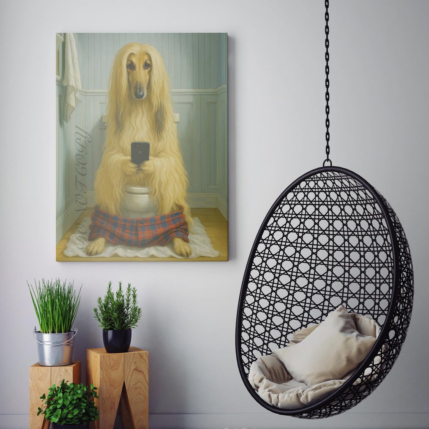 Afghan Hound Dog On The Phone On The Toilet