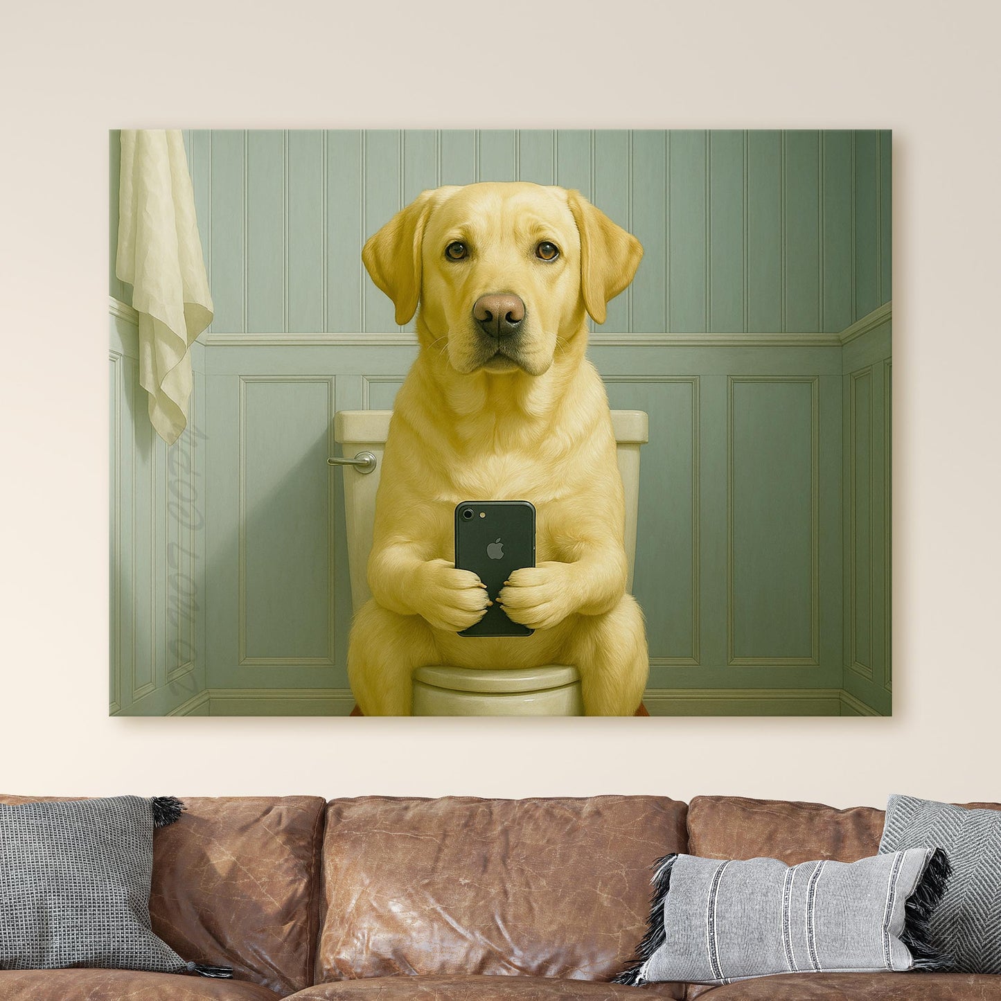Yellow Labrador Dog On The Phone On The Toilet