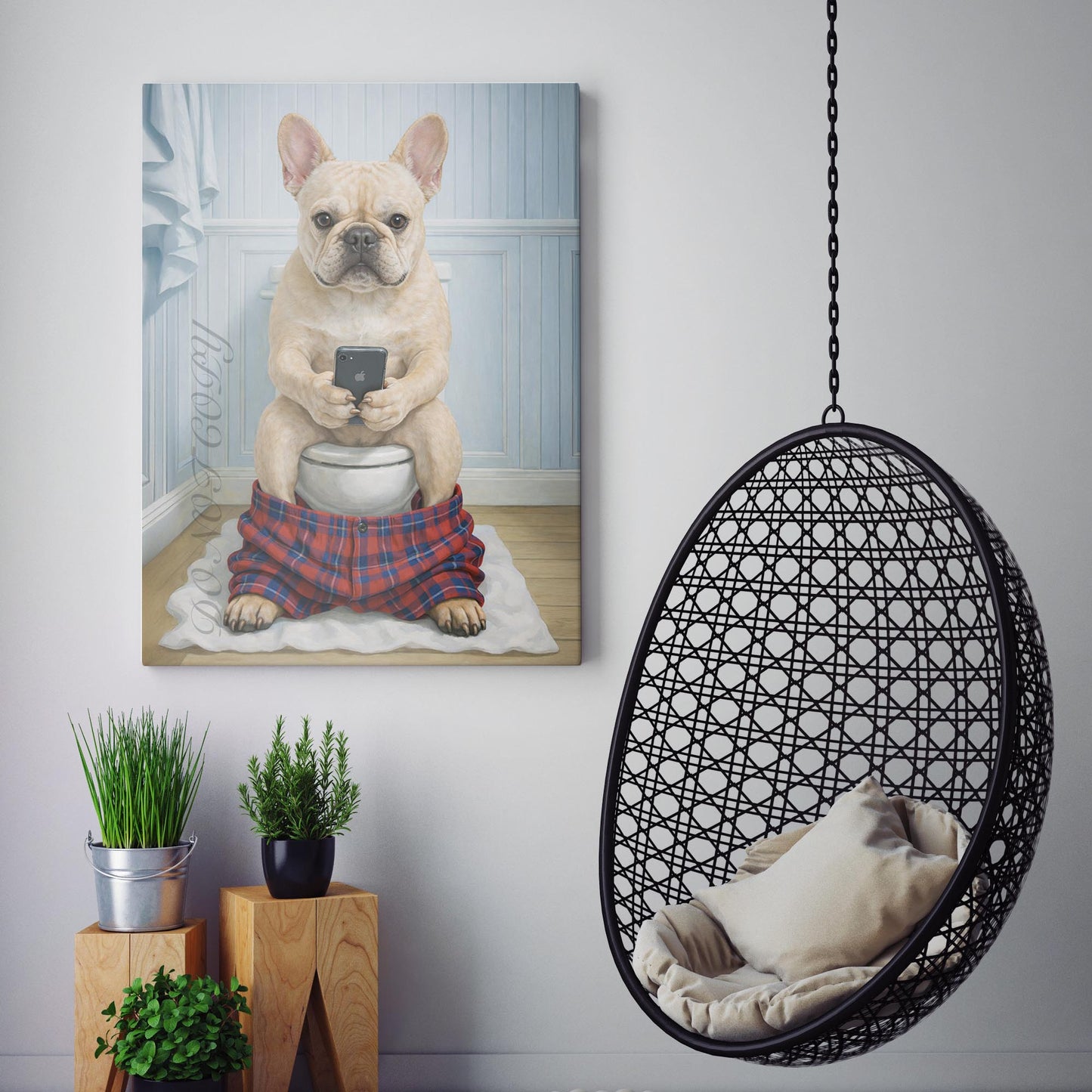 Cream French Bulldog On The Phone On The Toilet