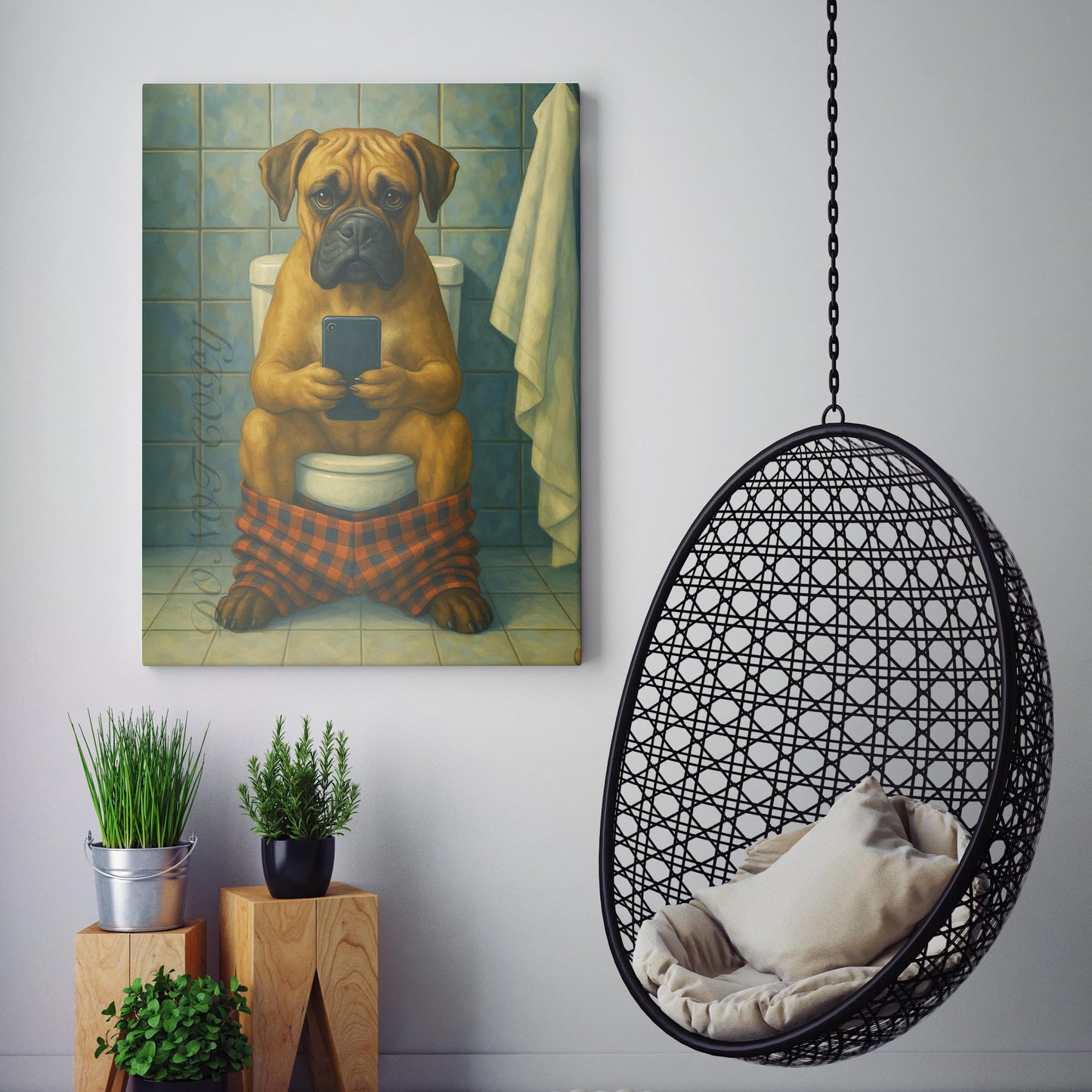 Boxer Dog On The Phone On The Toilet