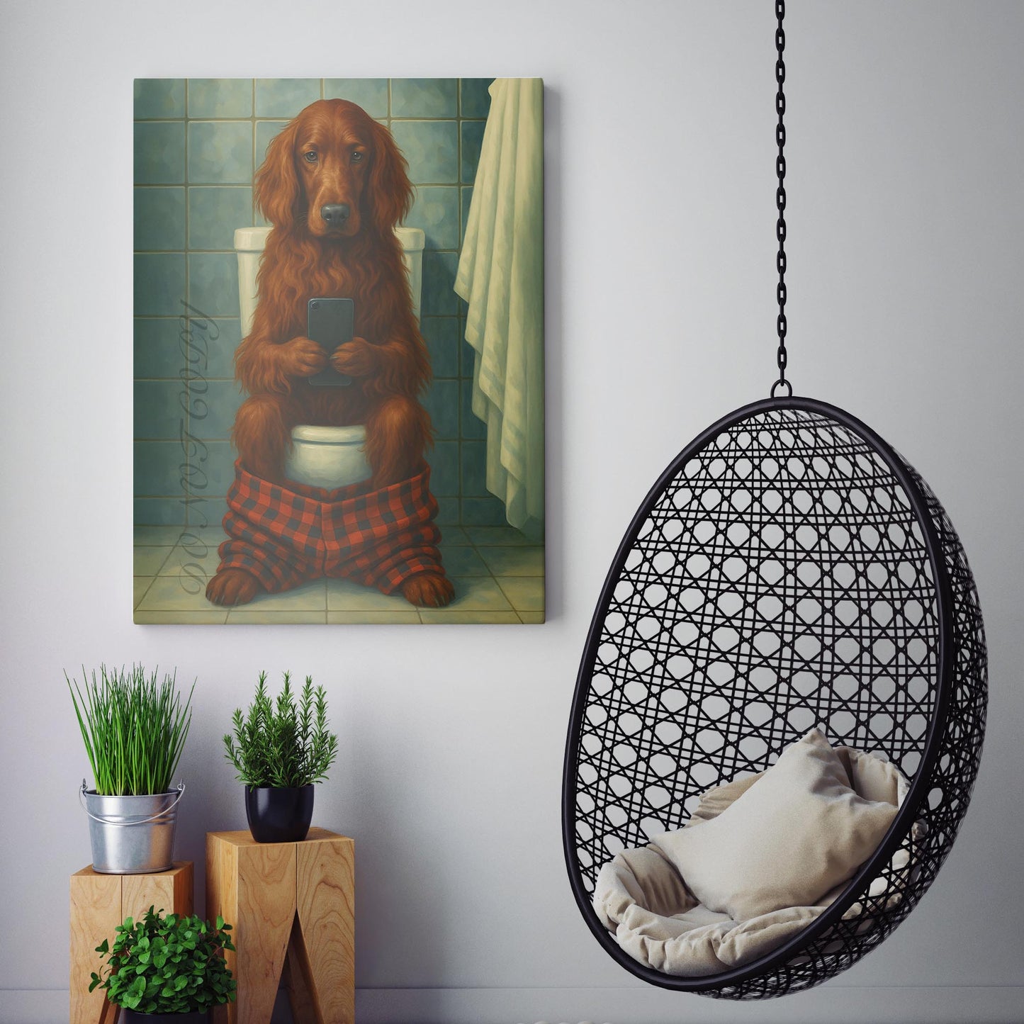 Irish Setter Dog On The Phone On The Toilet