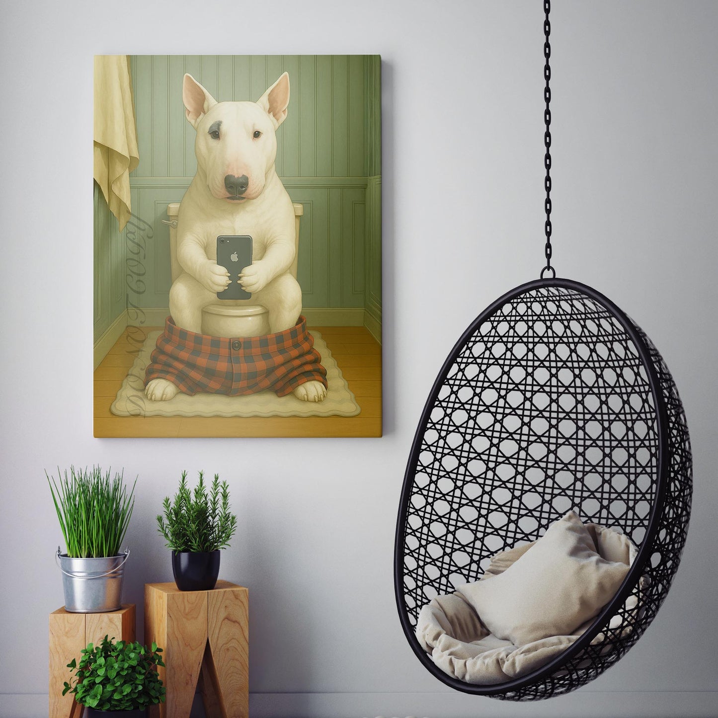 Bull Terrier Dog On The Phone On The Toilet