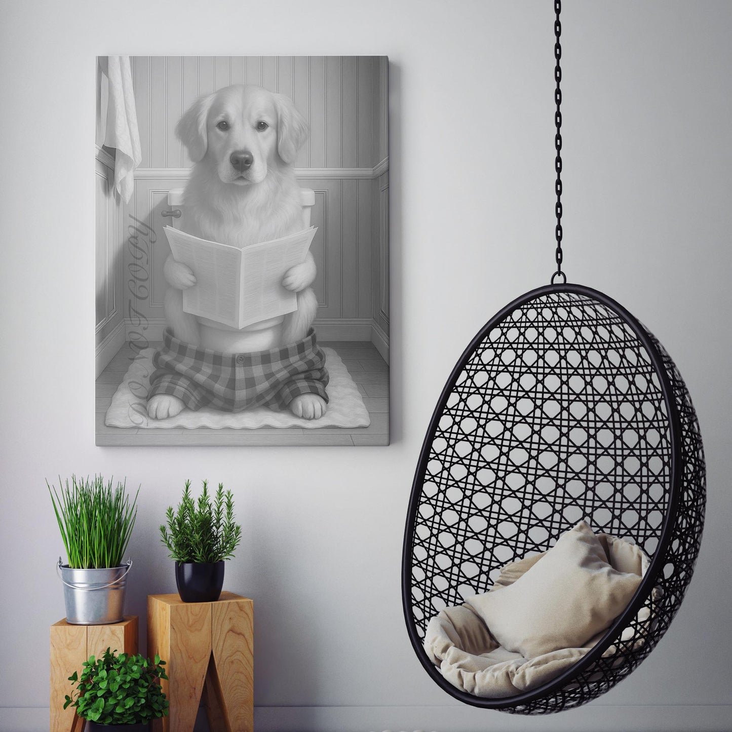 Golden Retriever Dog Reading The Newspaper On The Toilet
