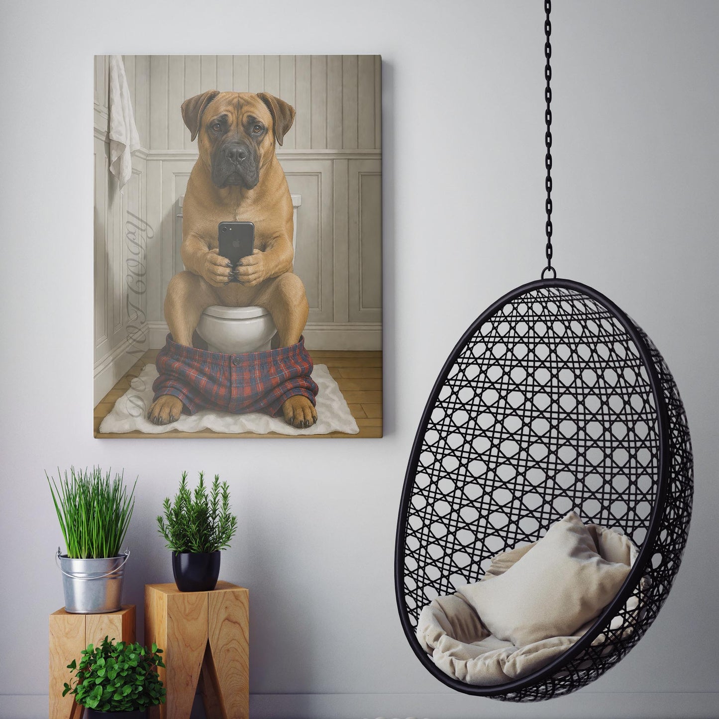 Boerboel Dog On The Phone On The Toilet