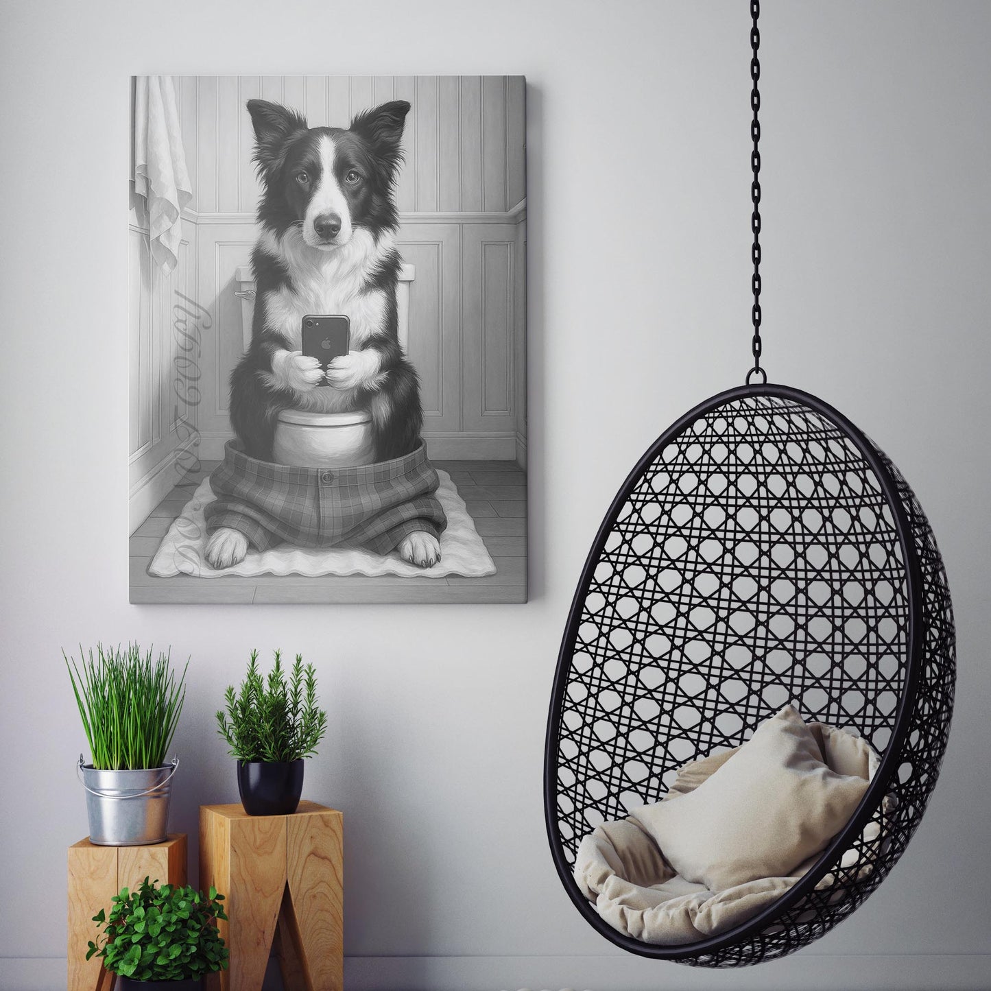 Border Collie Dog On The Phone On The Toilet