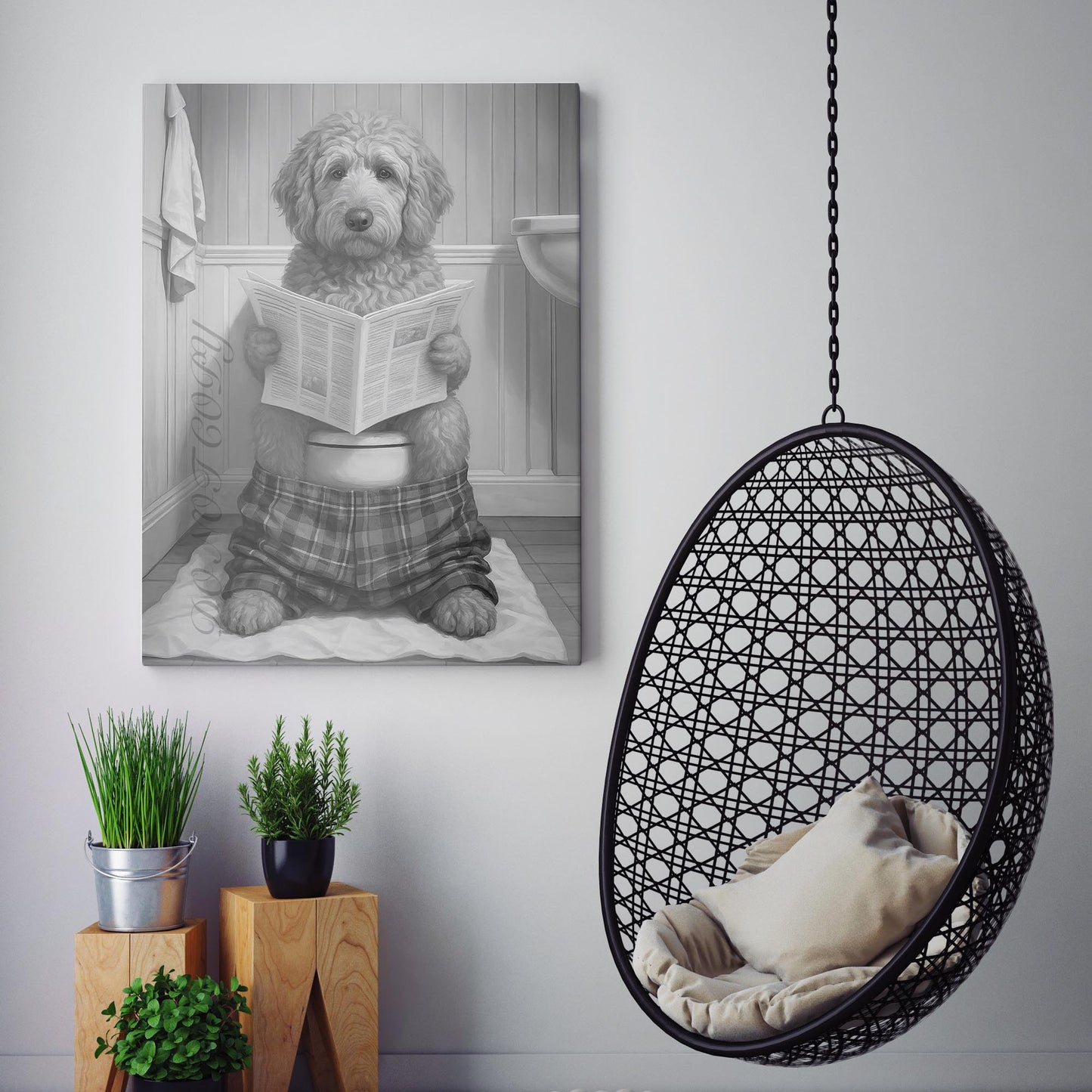 Golden Doodle Reading The Newspaper On The Toilet