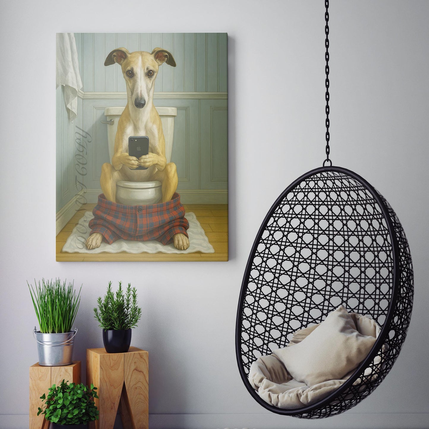 Whippet Dog On The Phone On The Toilet