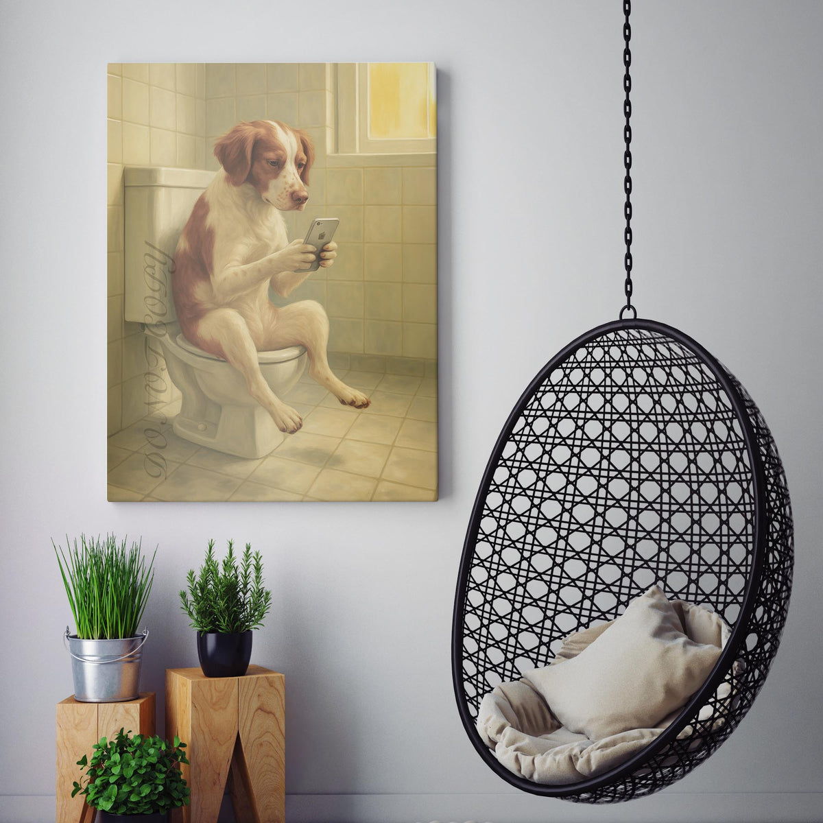 Brittany Dog On The Phone On The Toilet