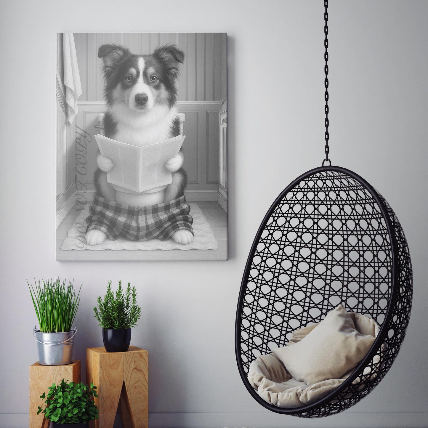 Australian Shepherd Dog Reading The Newspaper On The Toilet