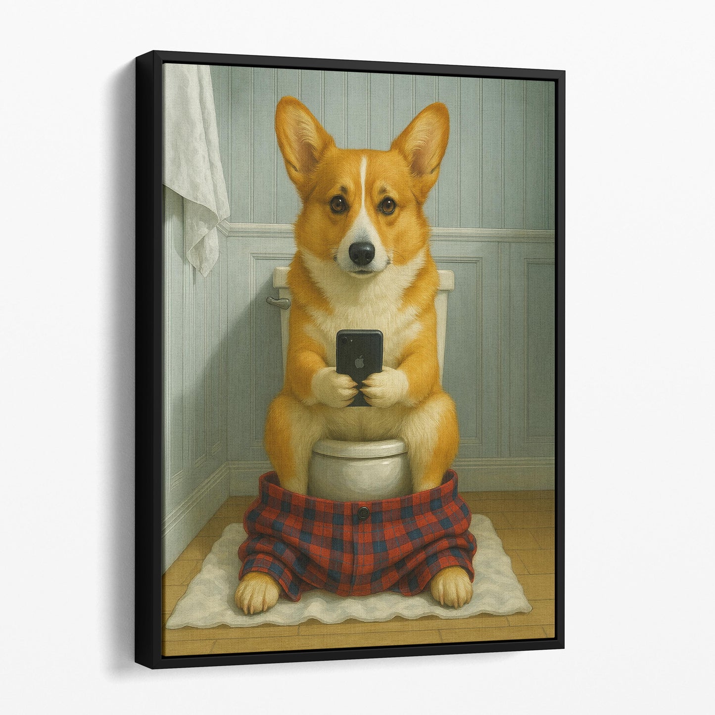 Pembroke Welsh Corgi Dog On The Phone On The Toilet