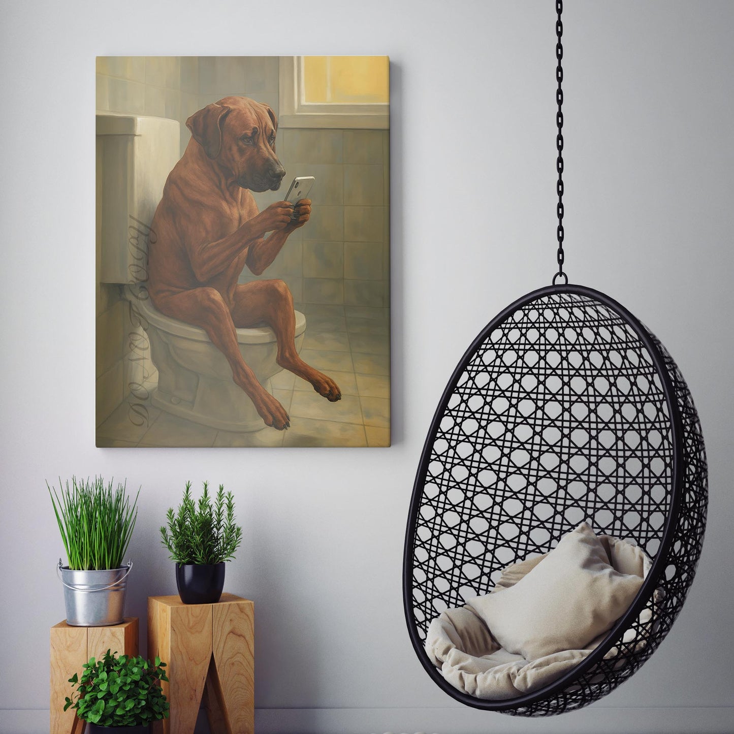 Rhodesian Ridgeback On The Phone On The Toilet