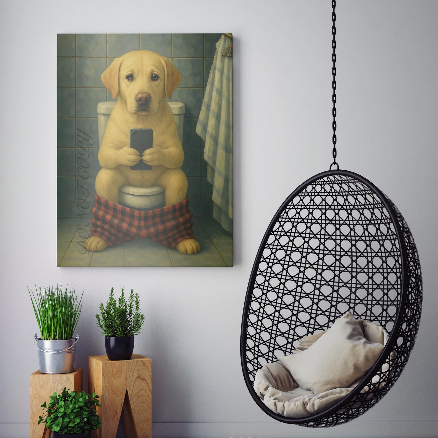 Yellow Labrador Retriever On The Phone On The Toilet