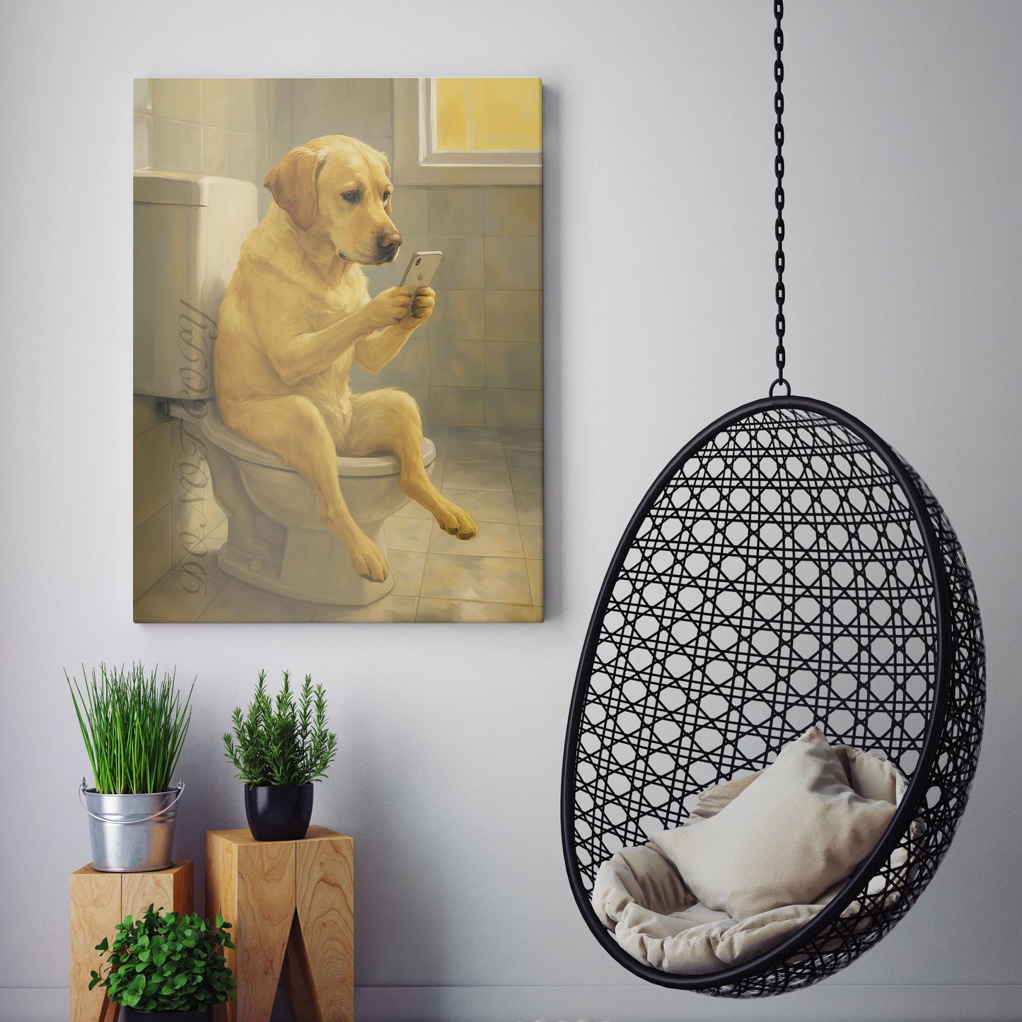 Yellow Labrador Retriever Dog On The Phone On The Toilet