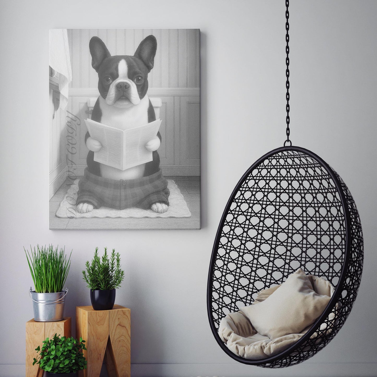 French Bulldog Reading The Newspaper On The Toilet