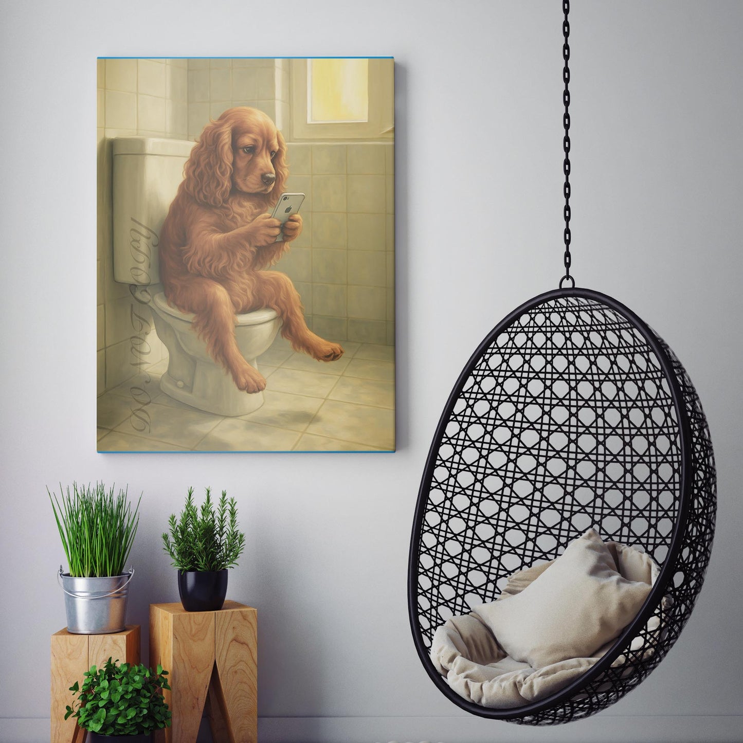 Cocker Spaniel Dog On The Phone On The Toilet