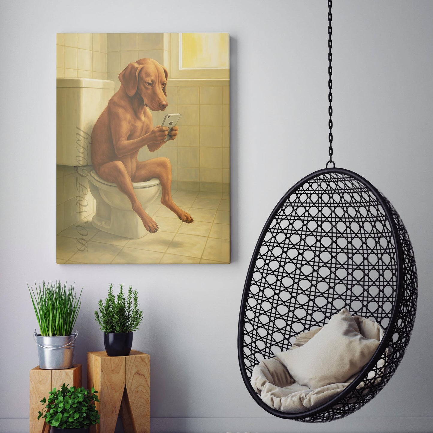 Vizsla Dog On The Phone On The Toilet