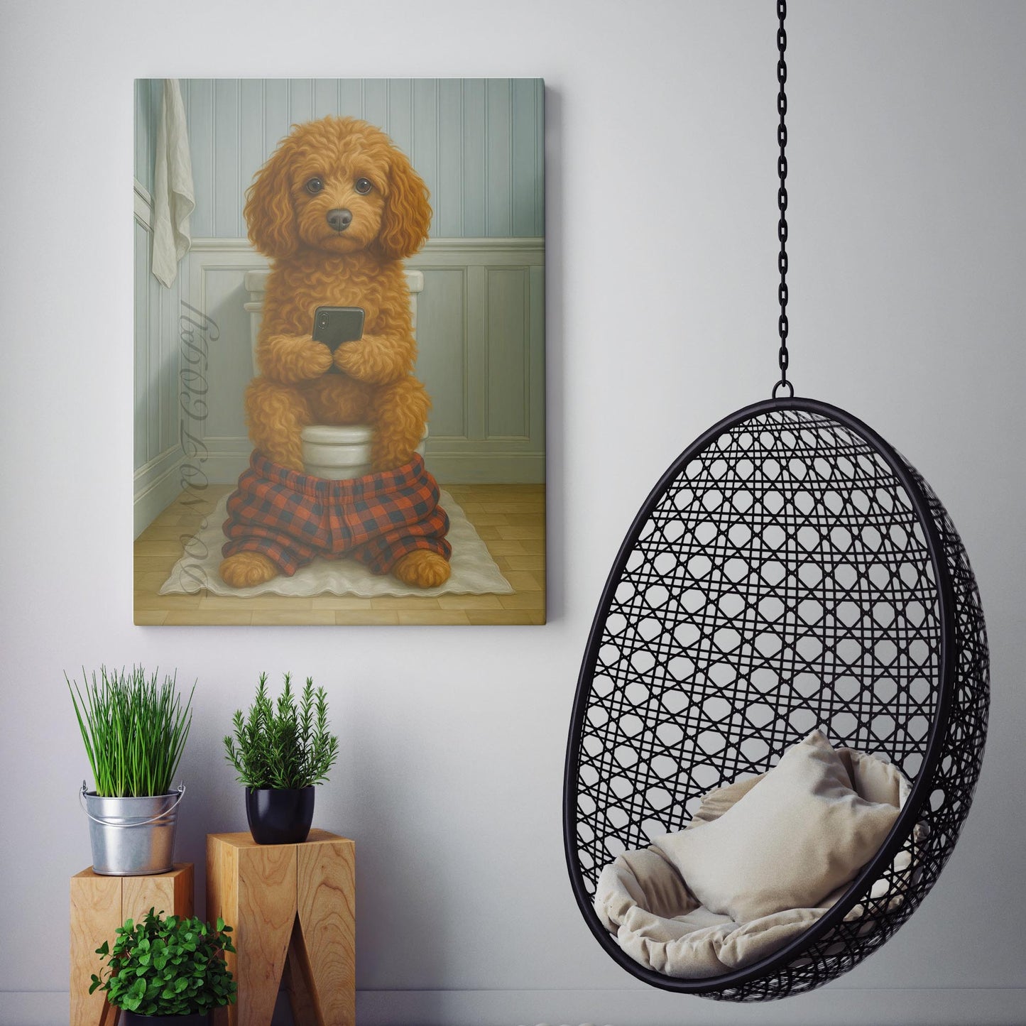 Cockapoo Dog On The Phone On The Toilet