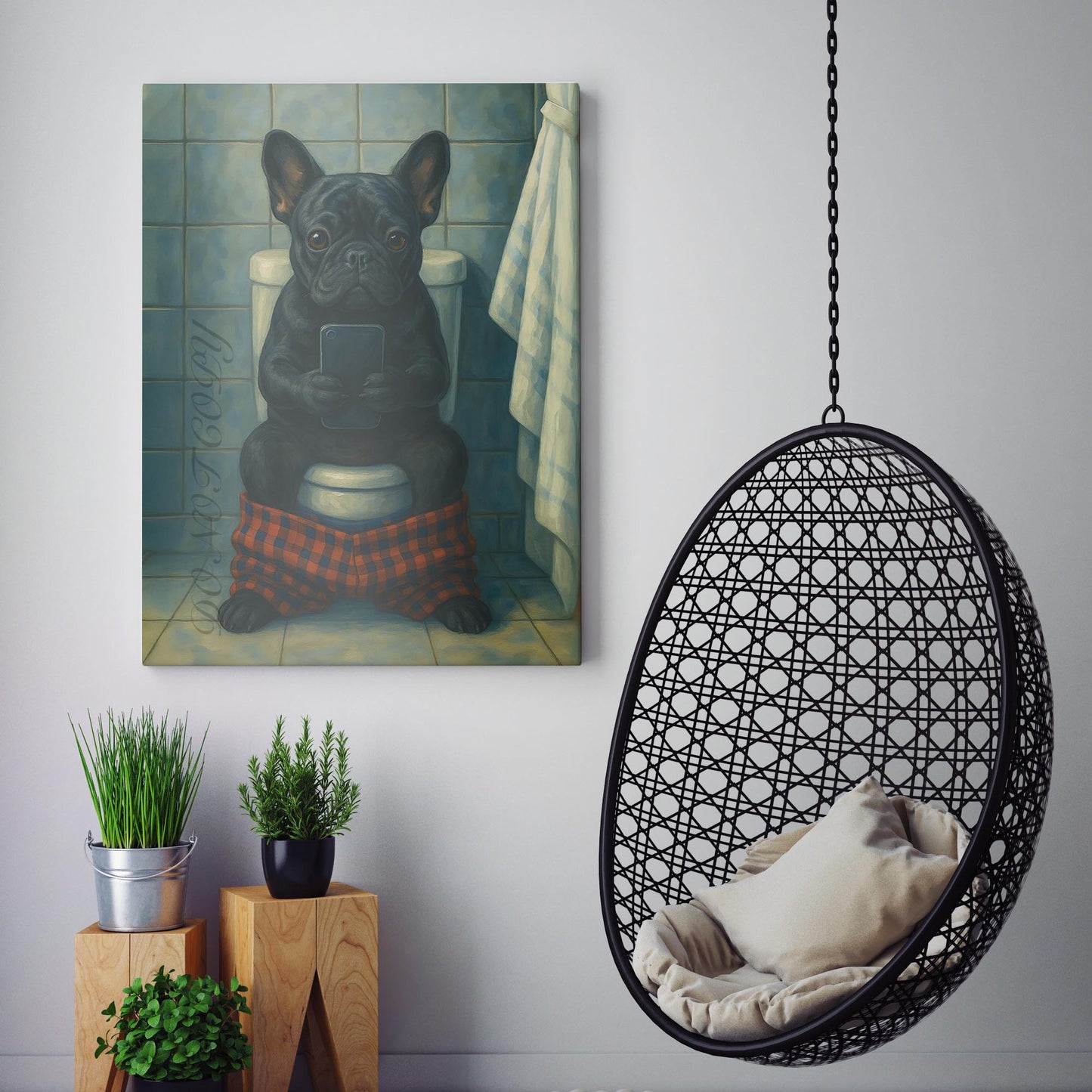 French Bulldog On The Phone On The Toilet