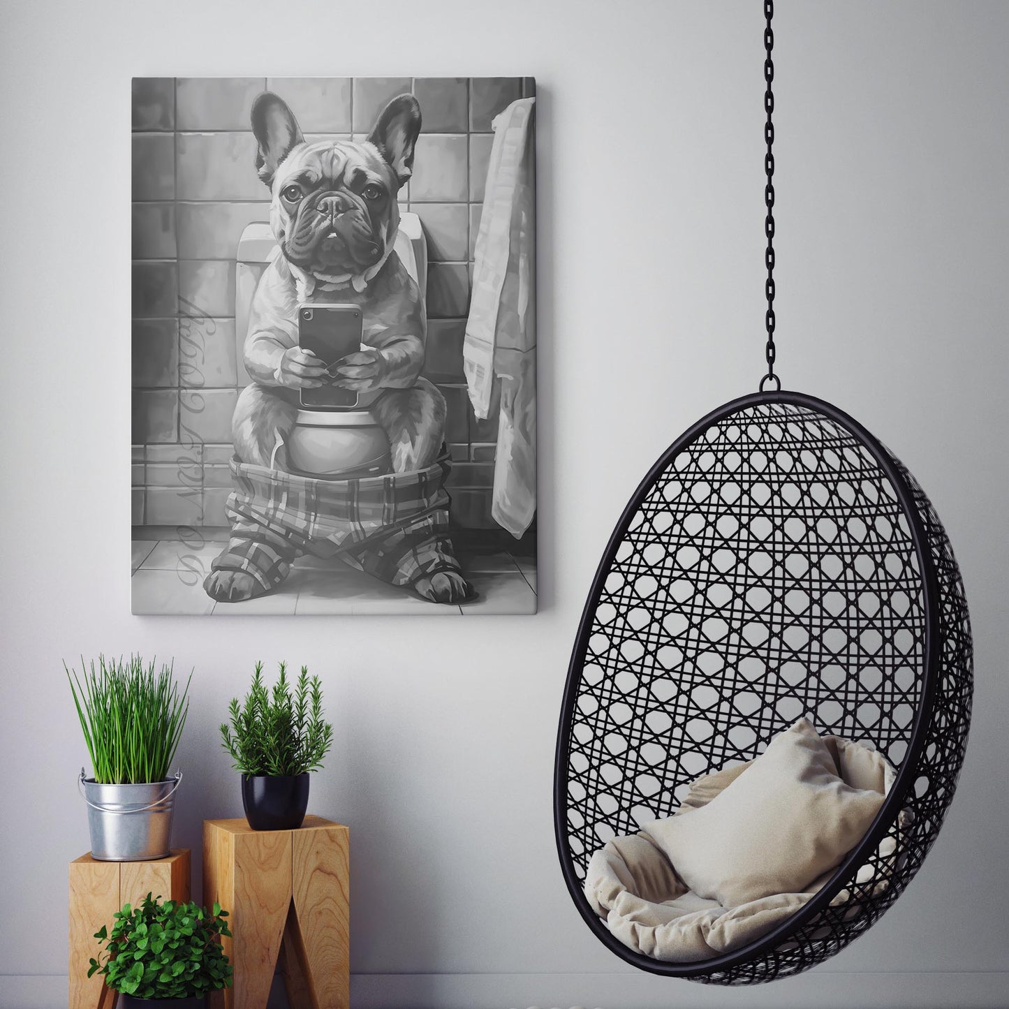 French Bulldog On The Phone On The Toilet