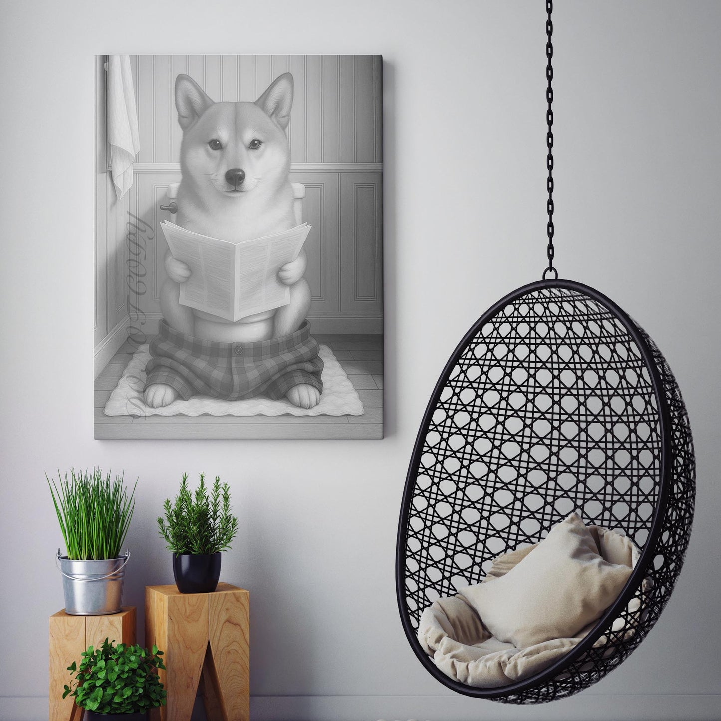 Shiba Inu Dog Reading The Newspaper On The Toilet