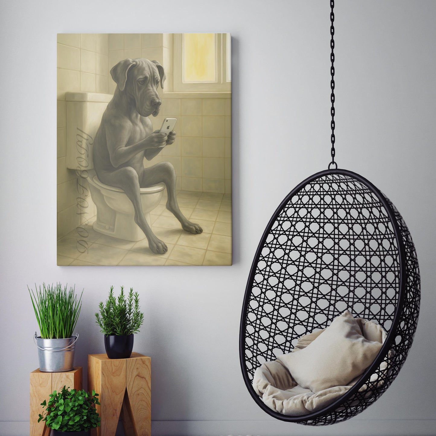 Great Dane Dog On The Phone On The Toilet