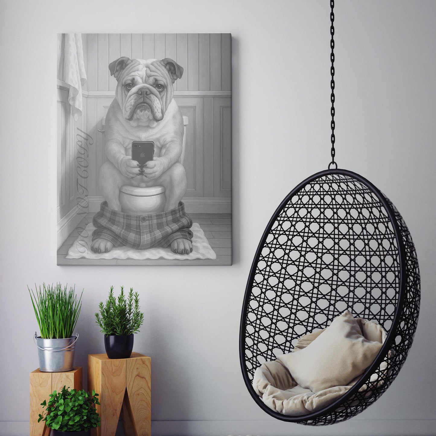 Bulldog On The Phone On The Toilet