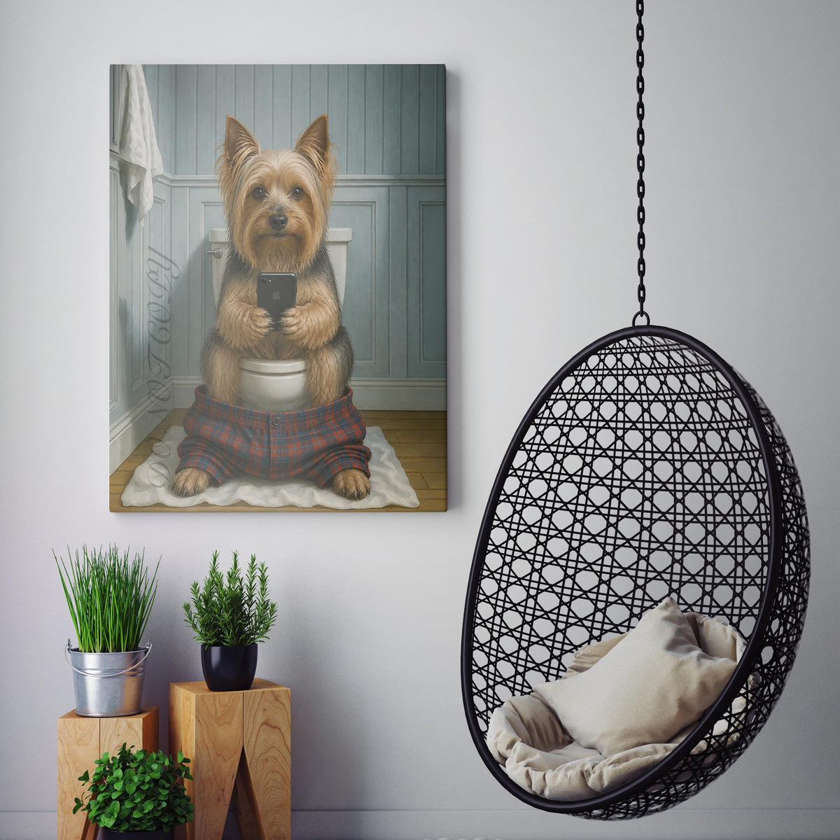 Silky Terrier Dog On The Phone On The Toilet