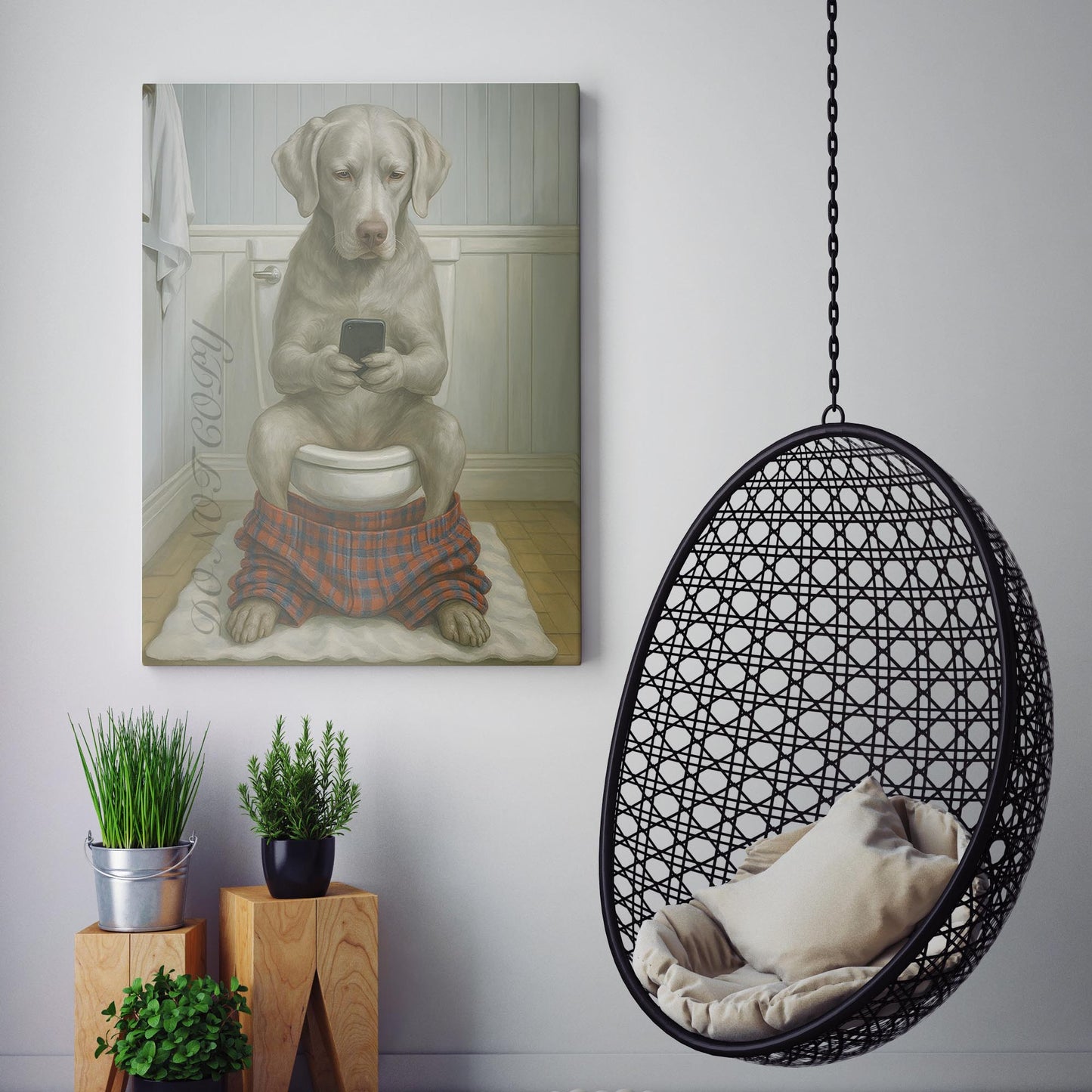 Silver Labrador Retriever Dog On The Phone On The Toilet